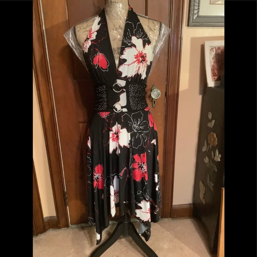 Entry, Black, Red & White Halter Tie Flair Dress